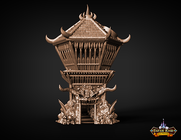 Tower made of stone and wood. A carved face of a demon over the door with bones and tusks