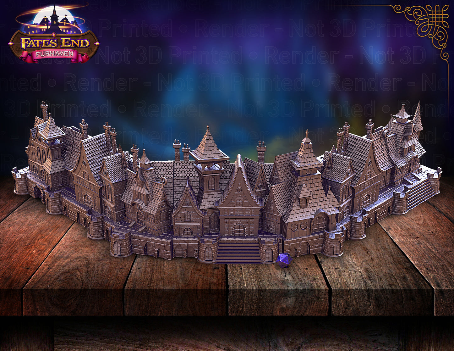Front view of the GM Screen. Buildings stretch across the front with buttresses and stairs like a medieval village.
