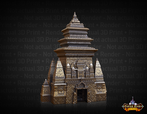 Tibetan temple with a tall spire surrounded by 4 pyramid style spires. 