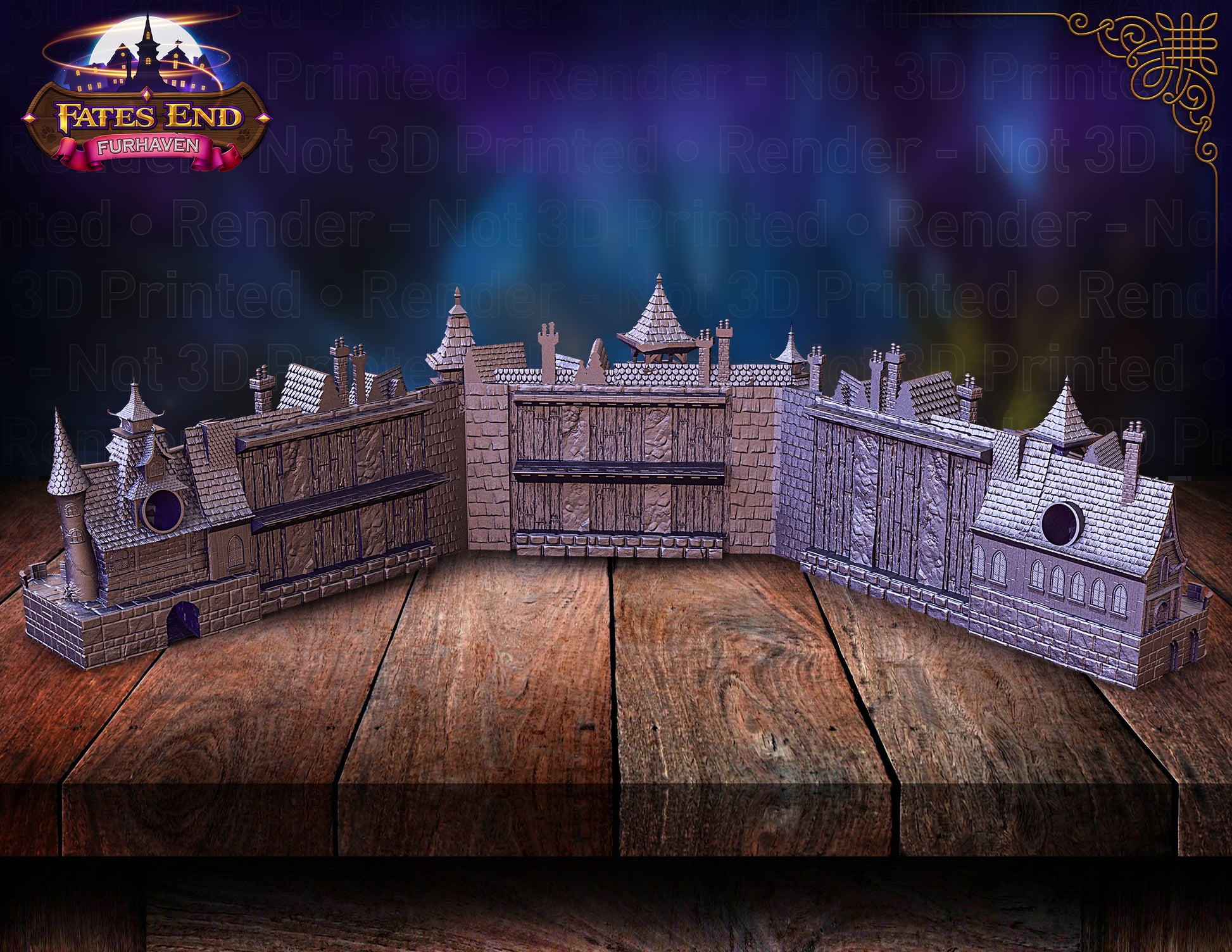 Back image of the Furhaven DM Screen. With DM Dice Tower on left side and shelves across the middle 